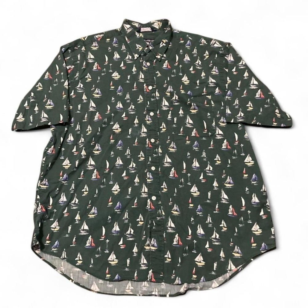Nautica‎ sailboat all over print camp shirt vintage 90s preppy XL/25.5